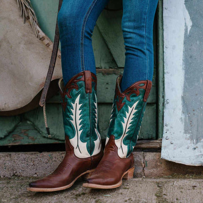 Handcrafted brown Women's Stetson Dani cowboy boots with turquoise shaft and cream flame inlay