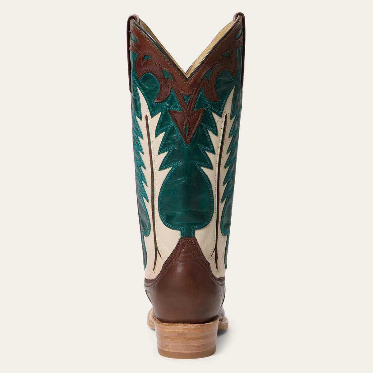 Handcrafted brown women's Stetson Dani cowboy boots with turquoise shaft and cream flame inlay