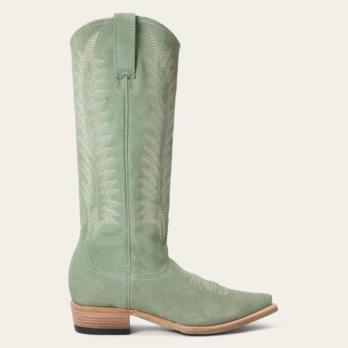 Handcrafted women's Stetson Emme suede cowboy boots in aqua with vintage embroidery