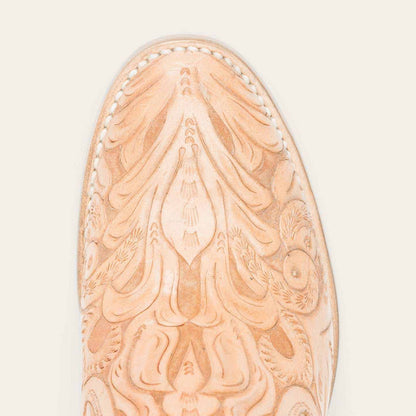 Handcrafted women's Stetson Nina leather boots in burnished tan with unique hand tooled design