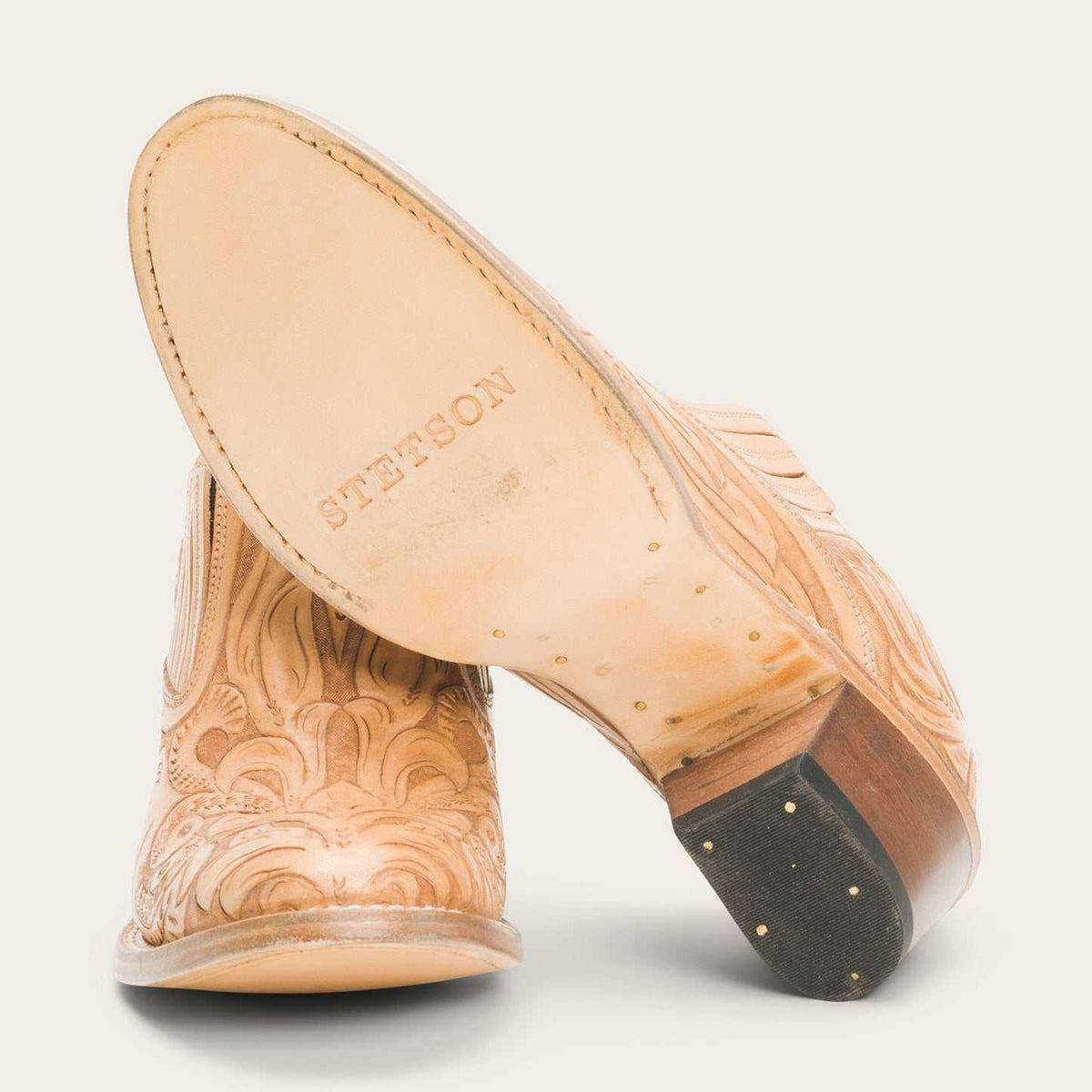 Handcrafted tan women's Stetson Nina leather cowboy boots with unique hand-tooled design