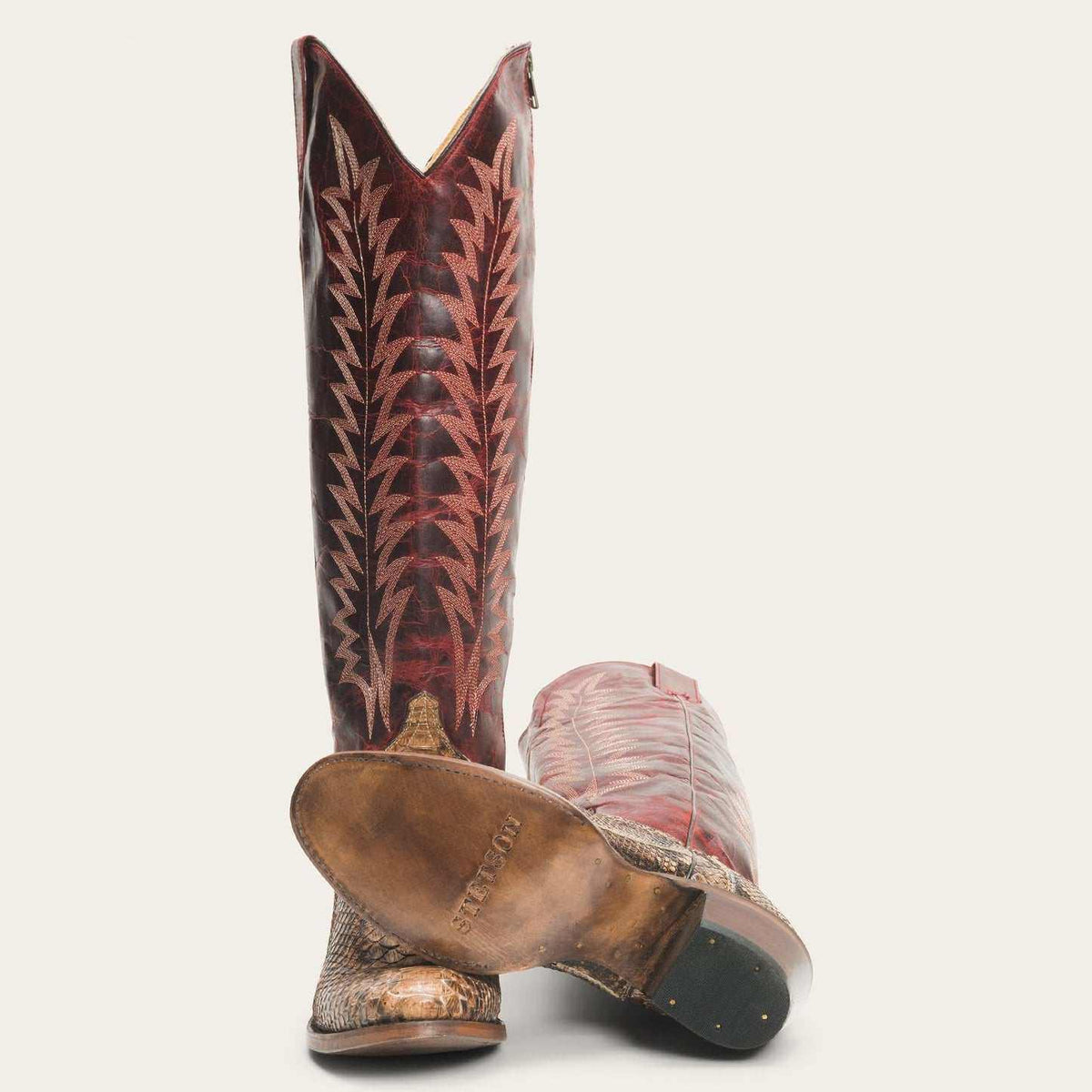 Handcrafted women's Stetson Ruby python boots with vintage flame embroidery