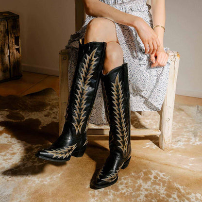 Black Women's Stetson Sarah Leather Cowboy Boots with Vintage Embroidery