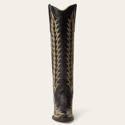 Black handcrafted women's Stetson Sarah leather cowboy boots with vintage embroidery