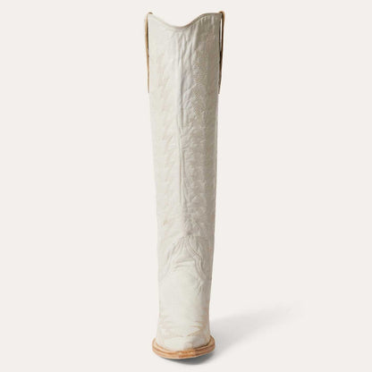 Handcrafted women's Stetson Sarah leather boots in cream with vintage flame embroidery