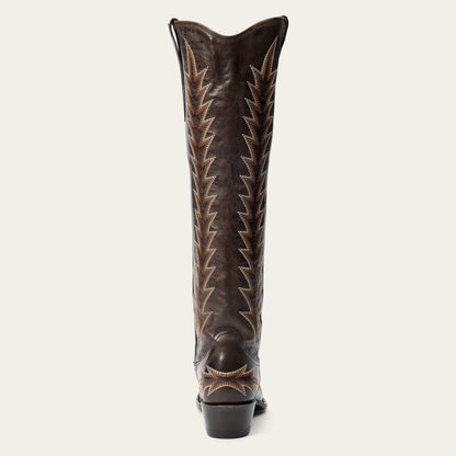 Handcrafted women's Stetson Sarah leather boots in chocolate with snip toe and vintage embroidery