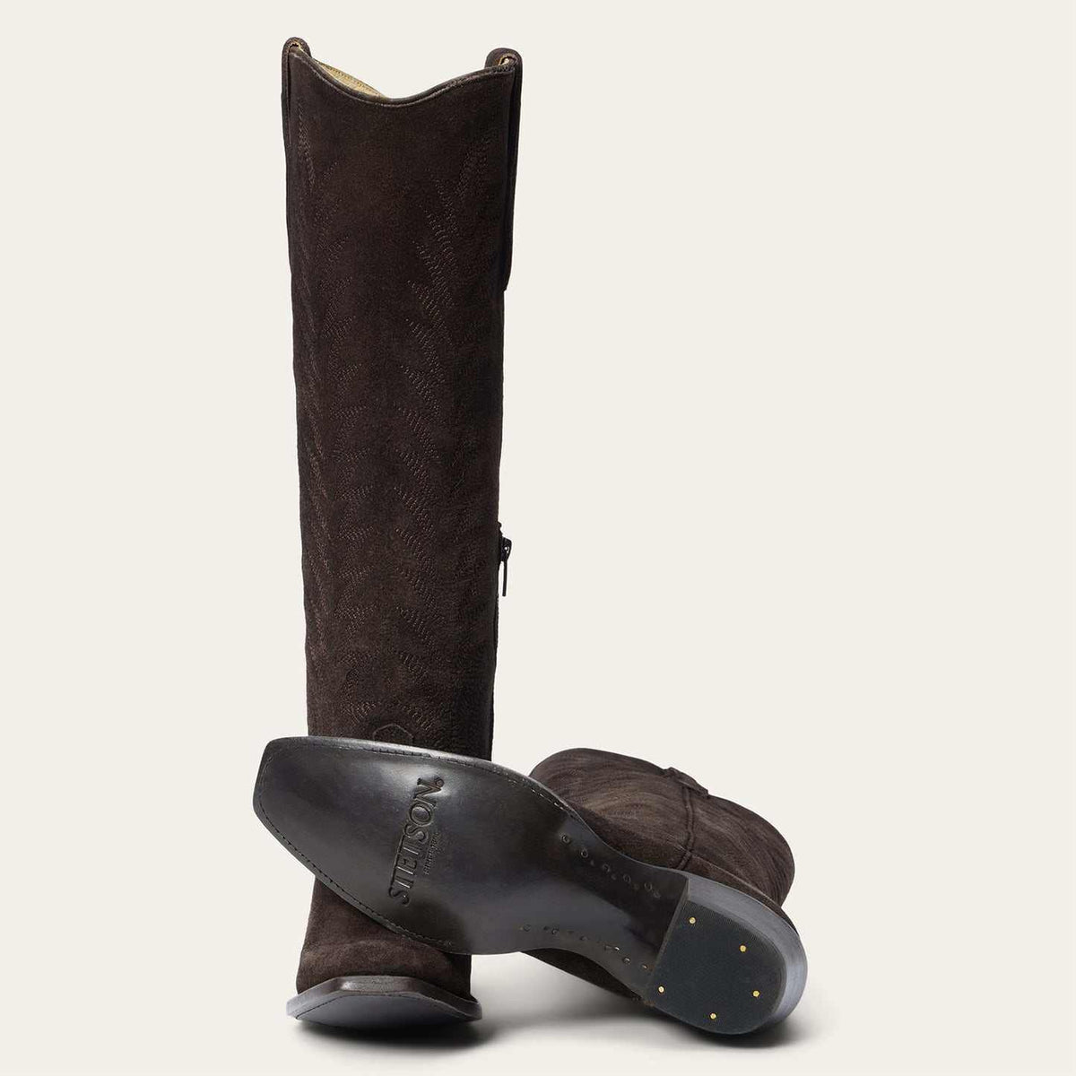 Brown women's Stetson Sissy suede boots with square toe and vintage embroidery