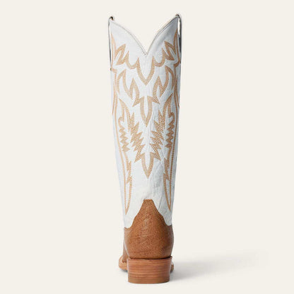 Tan women's Stetson Toni Teju lizard boots with embroidered cream goat shaft