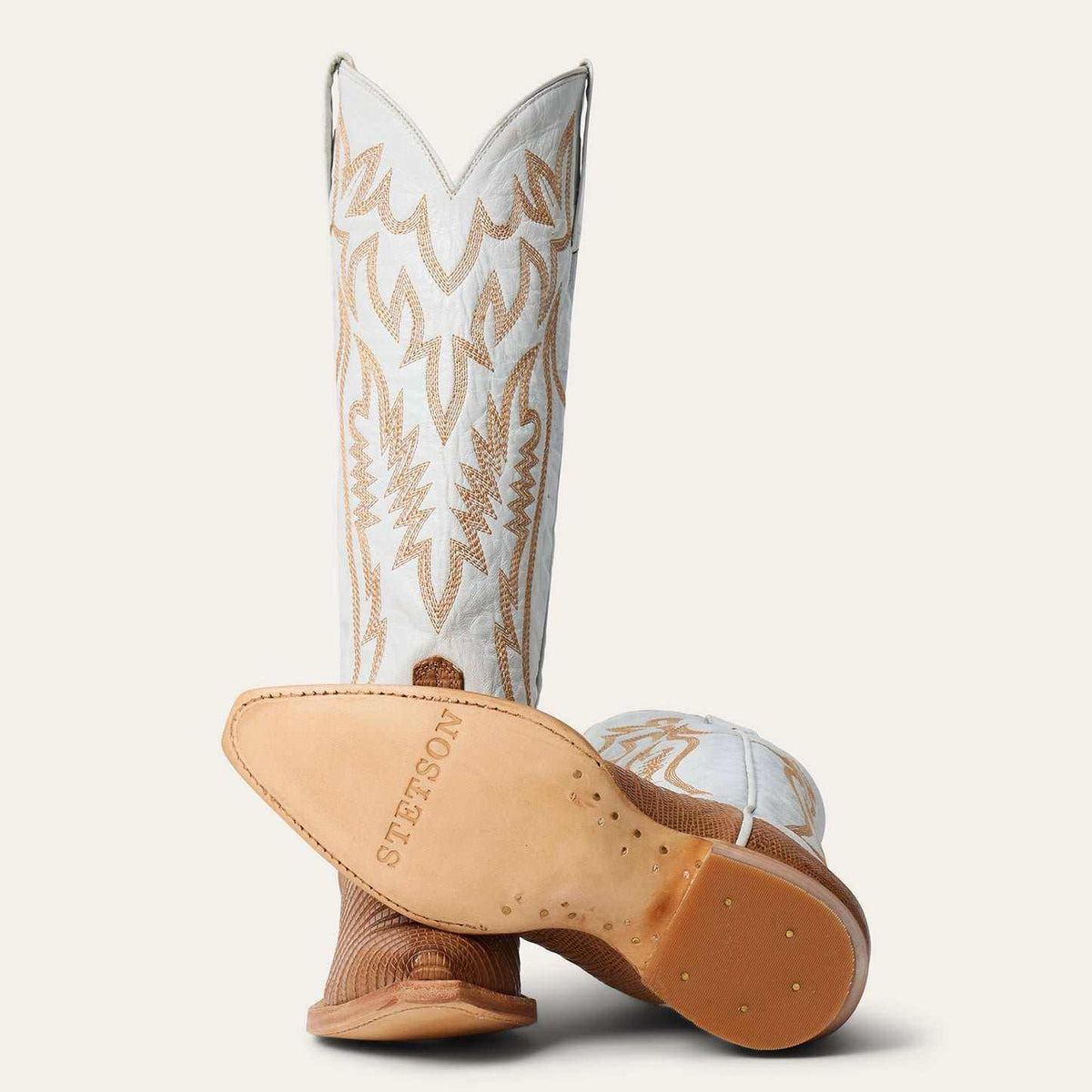 Women's tan Stetson Toni Teju lizard boots with cream goat shaft and embroidery