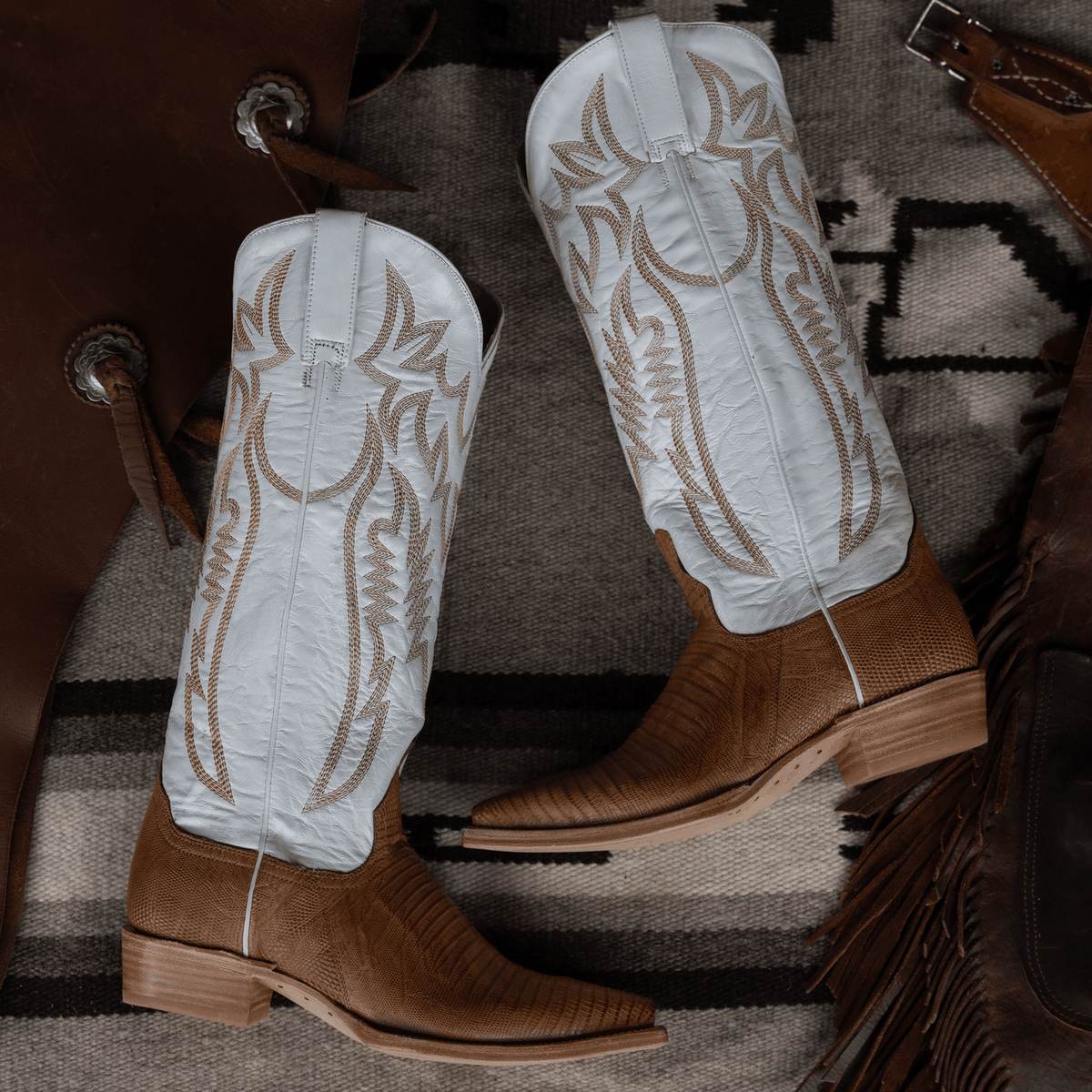 Women's tan Stetson Toni Teju lizard leather boots with 15-inch cream goat shaft and embroidery