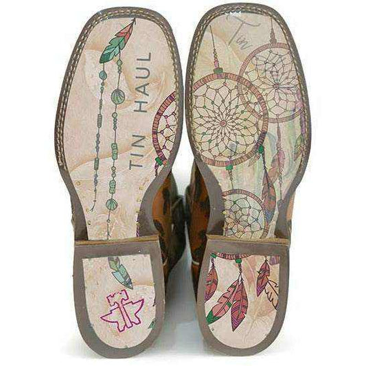 Women's Tin Haul Boots with tan leather soles, colorful dream catcher and feather prints, and brown stitched edges