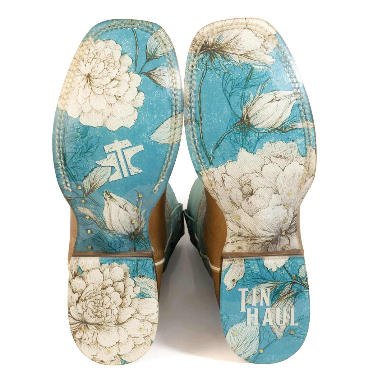 Handmade women's Tin Haul Flowers In Bloom tan boots with floral bouquet sole