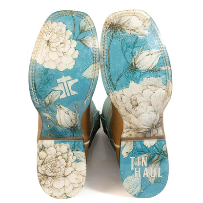 Handmade women's Tin Haul Flowers In Bloom tan boots with floral bouquet sole