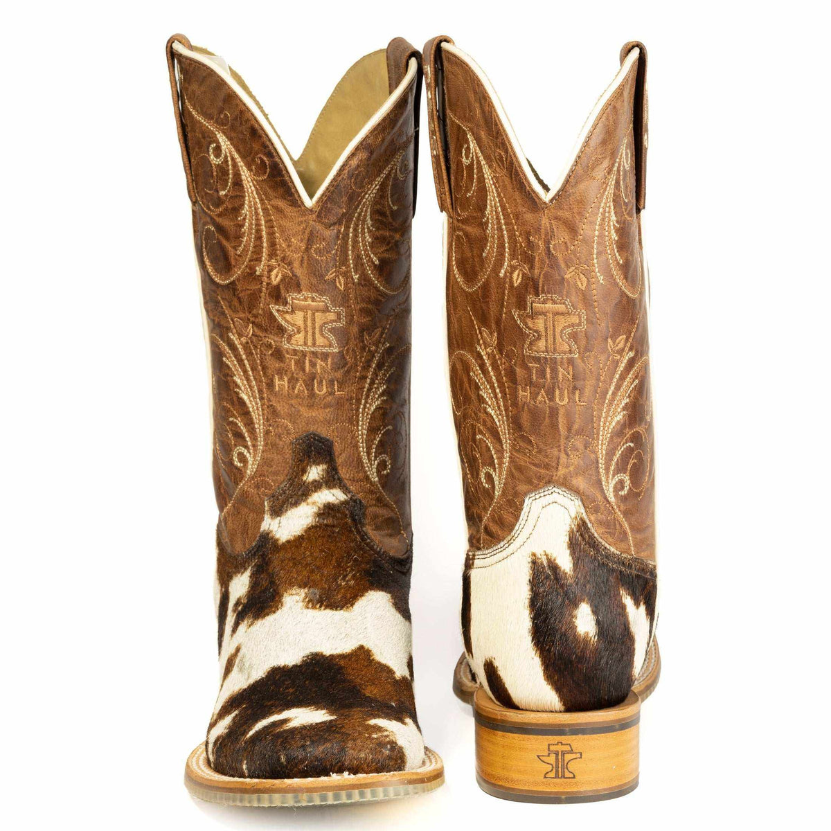 Womens Tin Haul Hide Chic brown leather boots with More Cowgirls sole