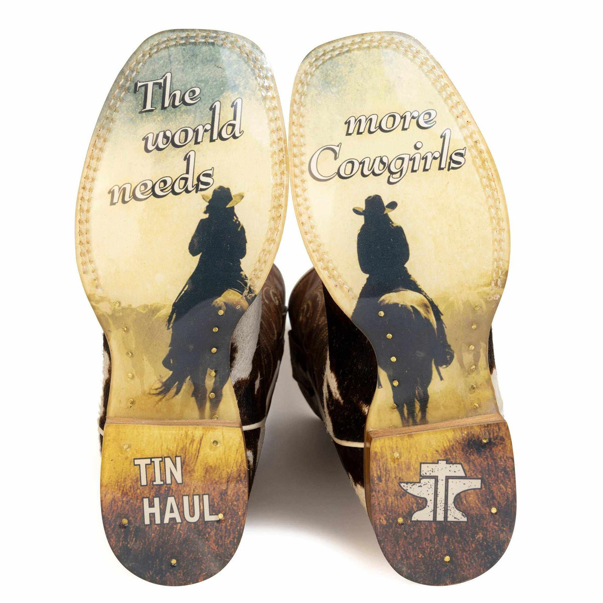 Brown women's Tin Haul Hide & Chic boots with More Cowgirls sole