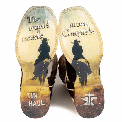 Brown women's Tin Haul Hide & Chic boots with More Cowgirls sole