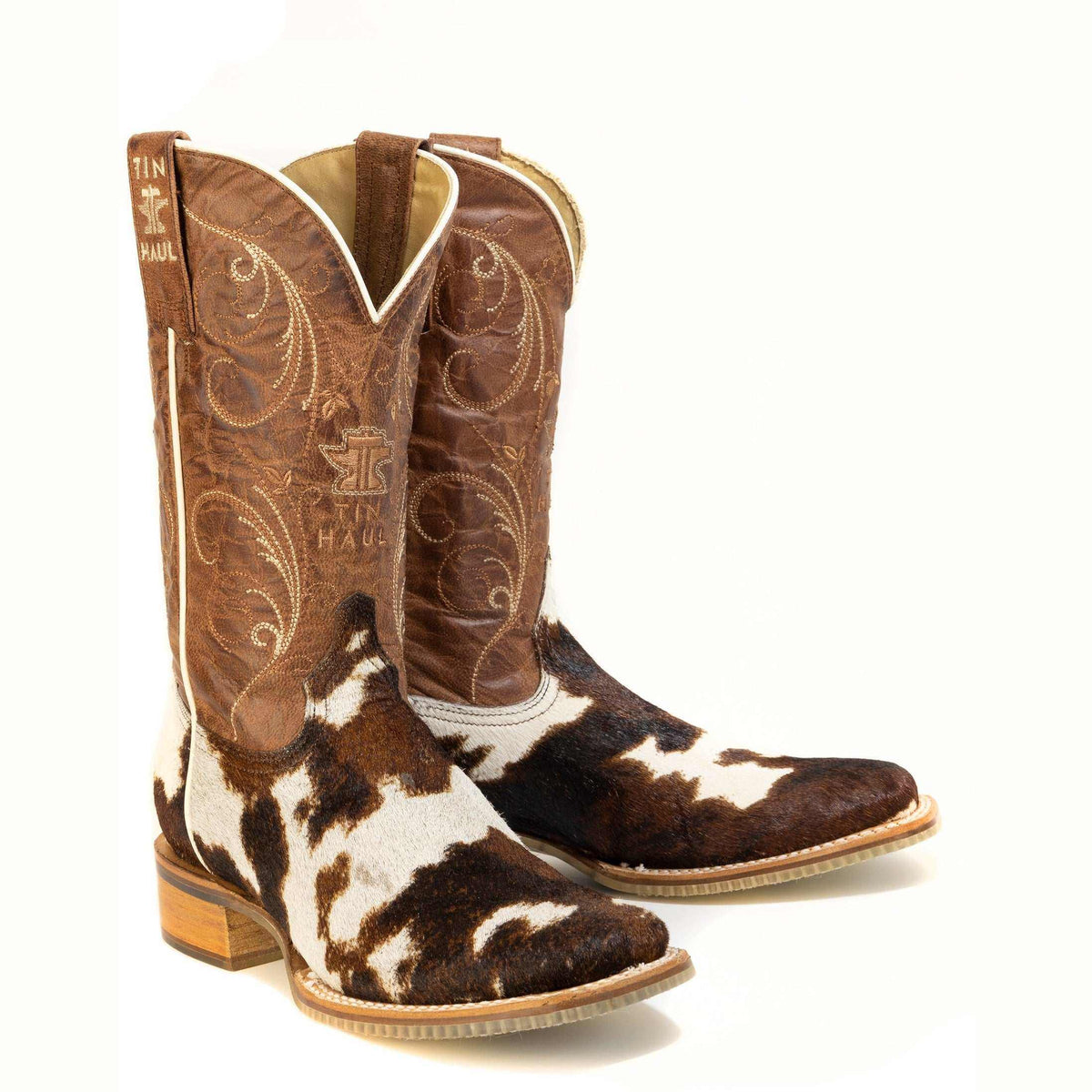 Women's Tin Haul Hide & Chic brown leather boots with More Cowgirls sole