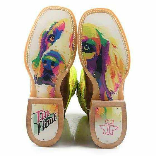 Women's Tin Haul Neon Glow Boots with colorful dog portraits on cream soles, brown edges and Tin Haul heel logos