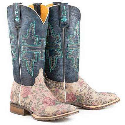 Women's Tin Haul Wild Flower Boots with floral and leopard-print leather vamps, dark blue embroidered shafts and square toes