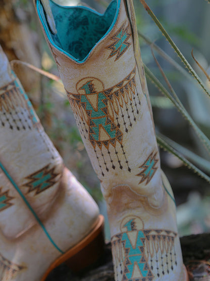 Women's Corral White Genuine Leather Boots with Turquoise Embroidery