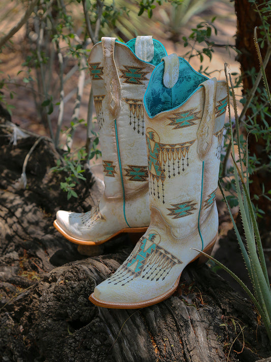 Women's Corral White Genuine Leather Boots with Turquoise Embroidery
