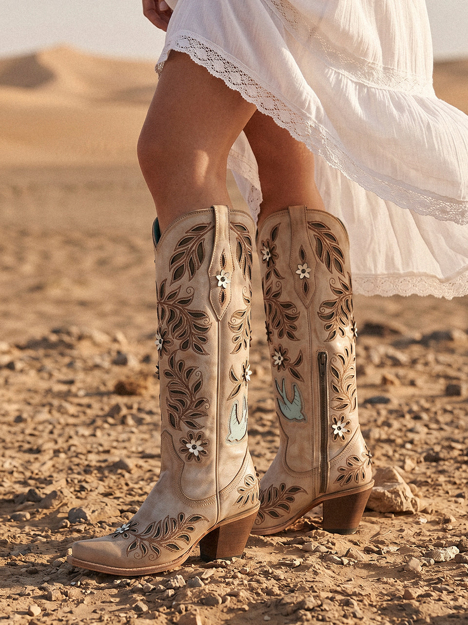 Women's Corral Straw Genuine Leather Boots with Laser & Flowers - Birds Inlay & Crystals Tall Top